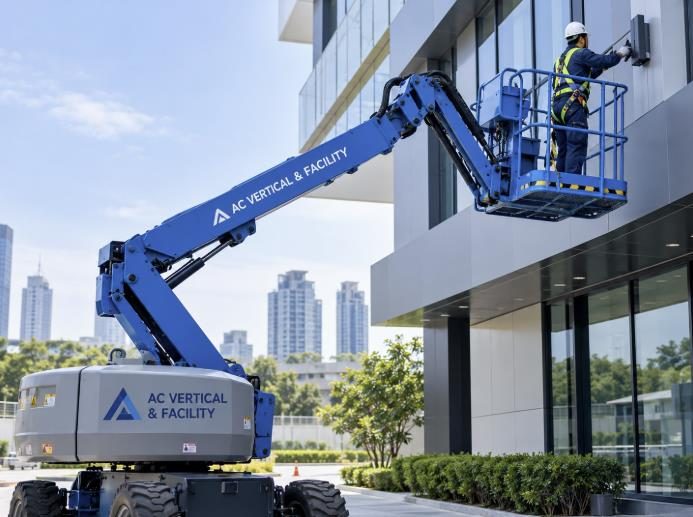 Plataforma elevadora de AC Vertical & Facility trabajando en la fachada de un edificio
