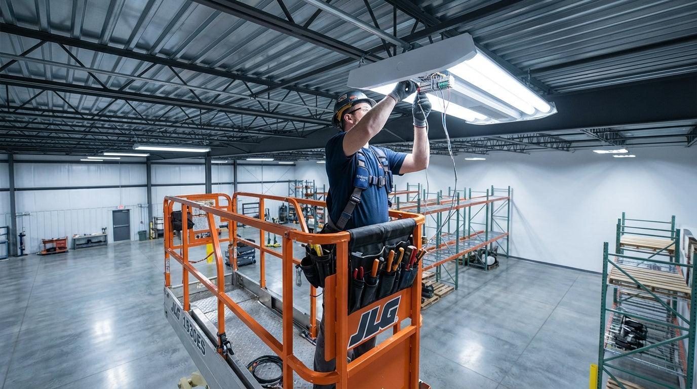 Técnico cambiando una luminaria desde una plataforma elevadora en una bodega